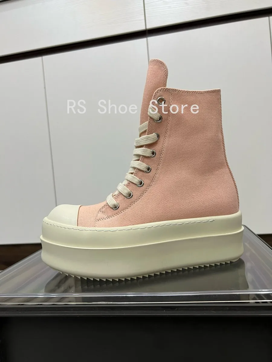 Ro الكلاسيكية الرجال حذاء بوت بطول الكاحل النساء عالية أعلى حذاء كاجوال سستة الدانتيل يصل 6 سنتيمتر سميكة وحيد حذاء الوردي أحذية رياضية من قماش القنب الأحذية