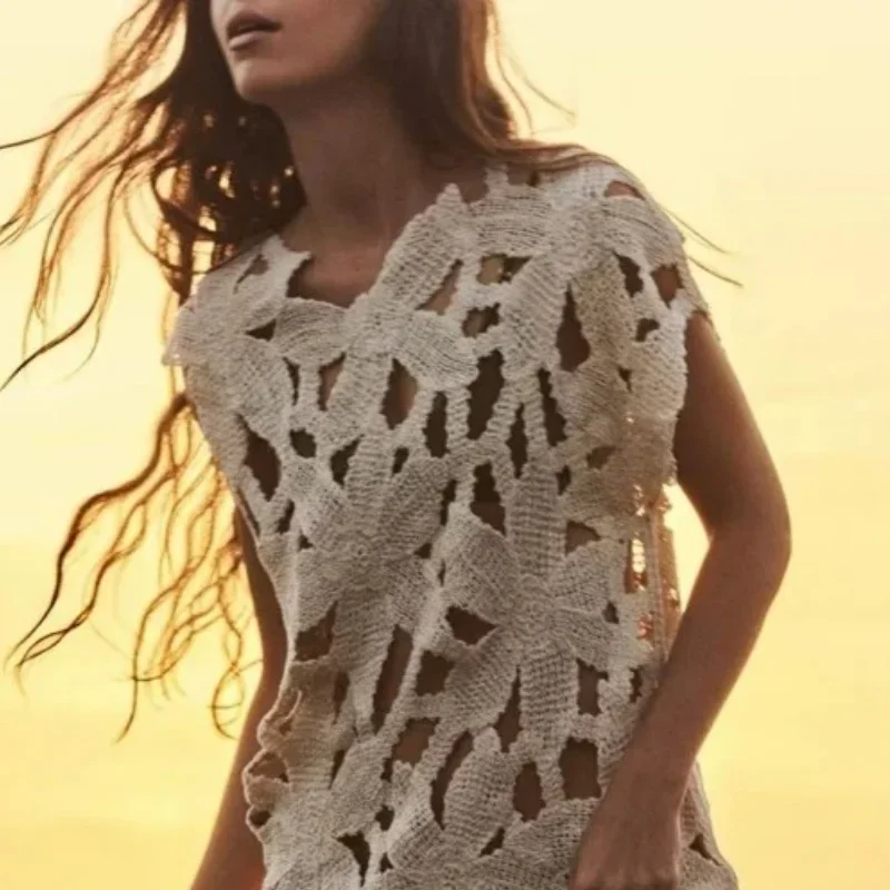 Vestido de playa calado sexi para mujer, vestido de punto transparente con cuello en V, pareo de Bikini para verano 2025, nueva moda elegante para vacaciones