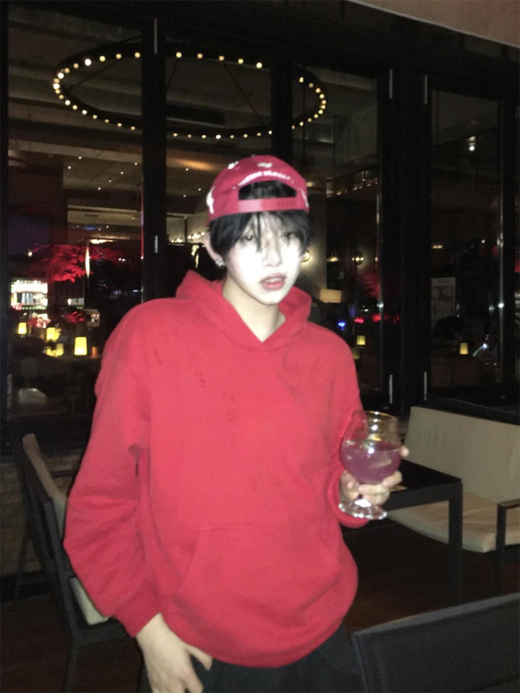 

Мужская плотная износостойкая толстовка с капюшоном, осенняя, в американском стиле, для многослойного ношения, красного винного цвета, коллекция «Год Зодиака»