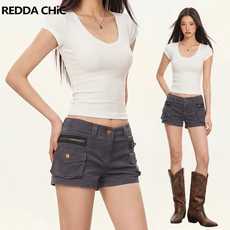 

REDDACHiC Denim Gray Cargo Shorts Punk Low Rise Big Pocket Stretch Slim Distressed Zipper Detail Jeans Sexy Retro Women Clothes