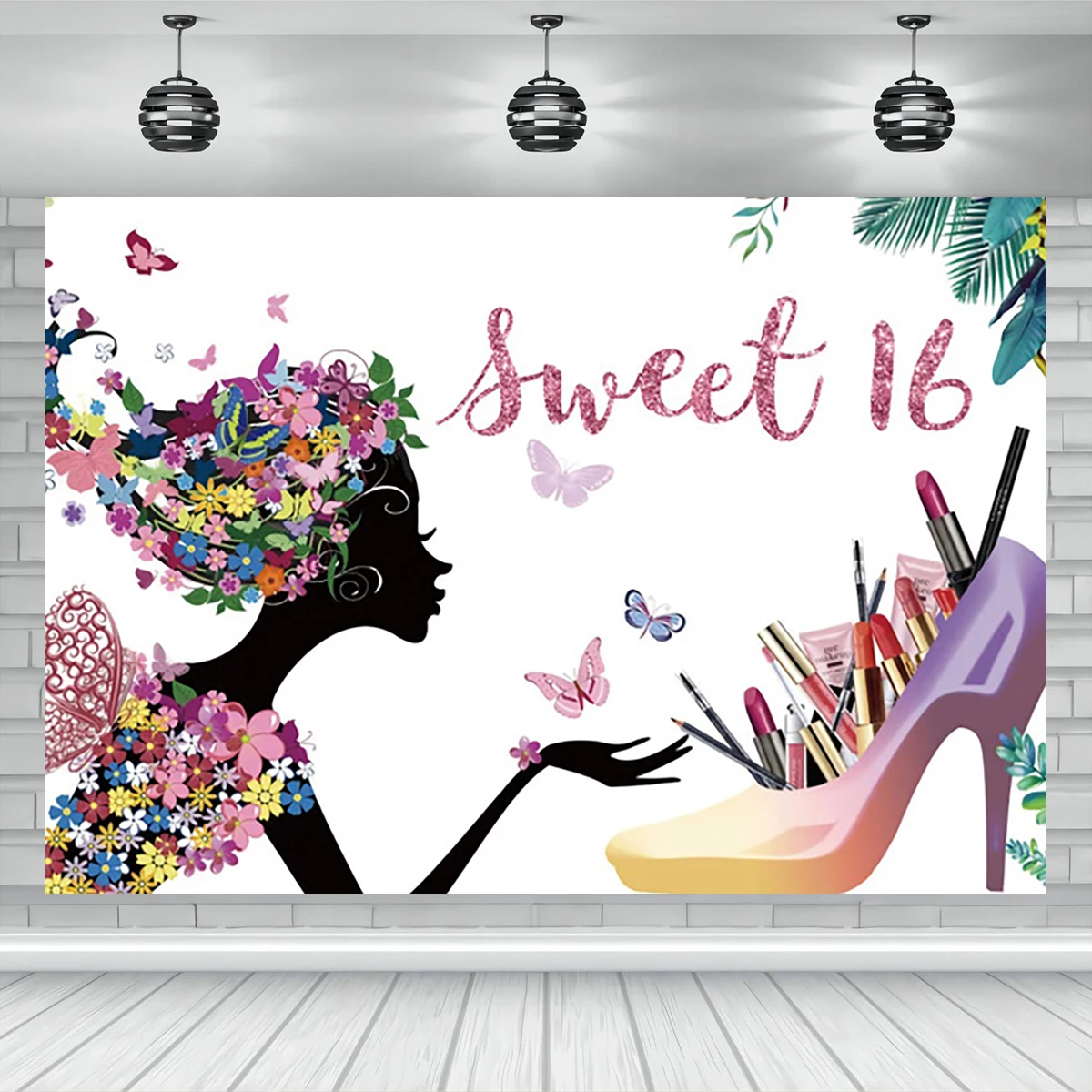 

HKFZ Polyester Birthday Party Backdrop Spring Girl Photography Banner Lipstick High heels Decoration Welcome Arch Background