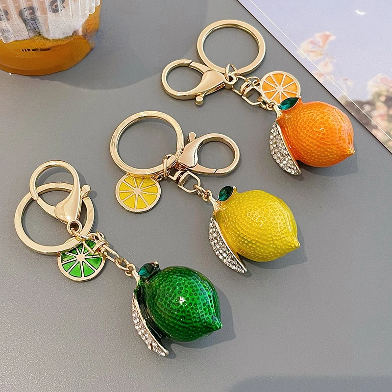 Trendy Design Creative Artificial Fruit Cute Rhinestone Little Lemon Car Keychain Women's Bag Pendant Keychain Ring Cartoon Gift