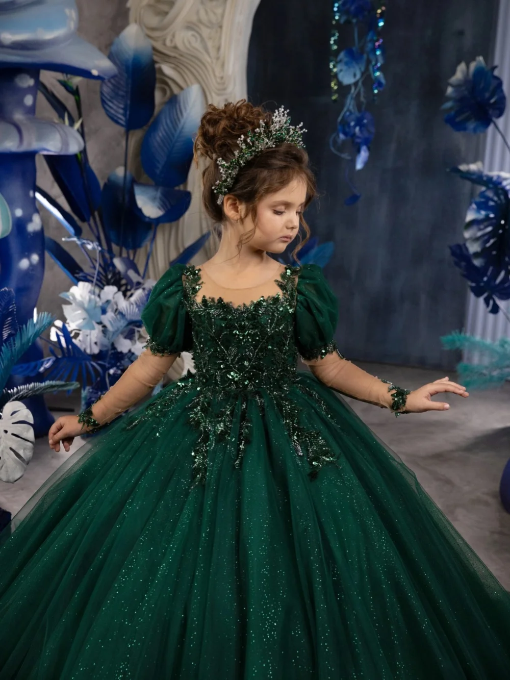 Girls New Green Embroidery Dresses Banquet Birthday Party Wear Puff Sleeve Glitter Princess Gown Wedding Ring Bearer Outfit