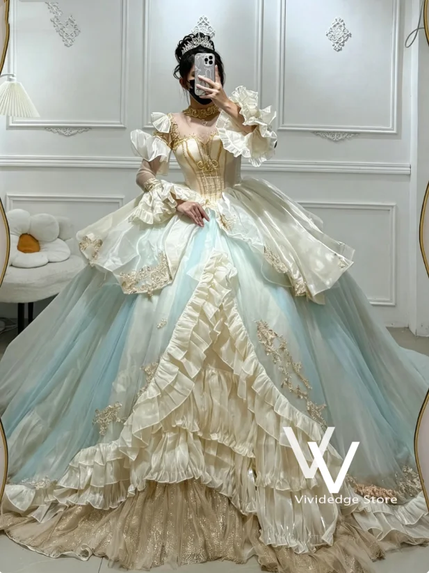 Victorian Princess Quinceanera Dress Blue Champagne Long-sleeved Fluffy Prom Dress vestidos de quinceañeras 15 2026 Customized
