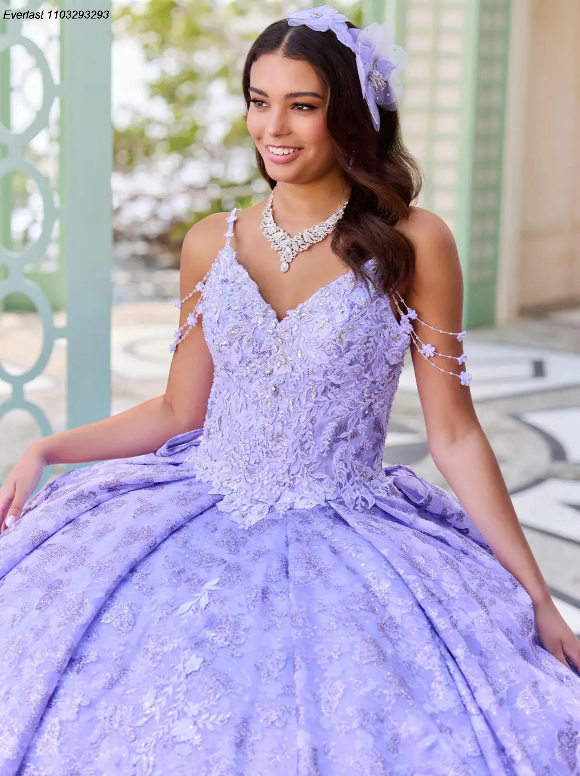 EVLAST lavanda lilla abito Quinceanera abito da ballo Applique floreale in pizzo 3D con fiocco a mantella dolce 16 Vestido 15 De XV aecos TQD190