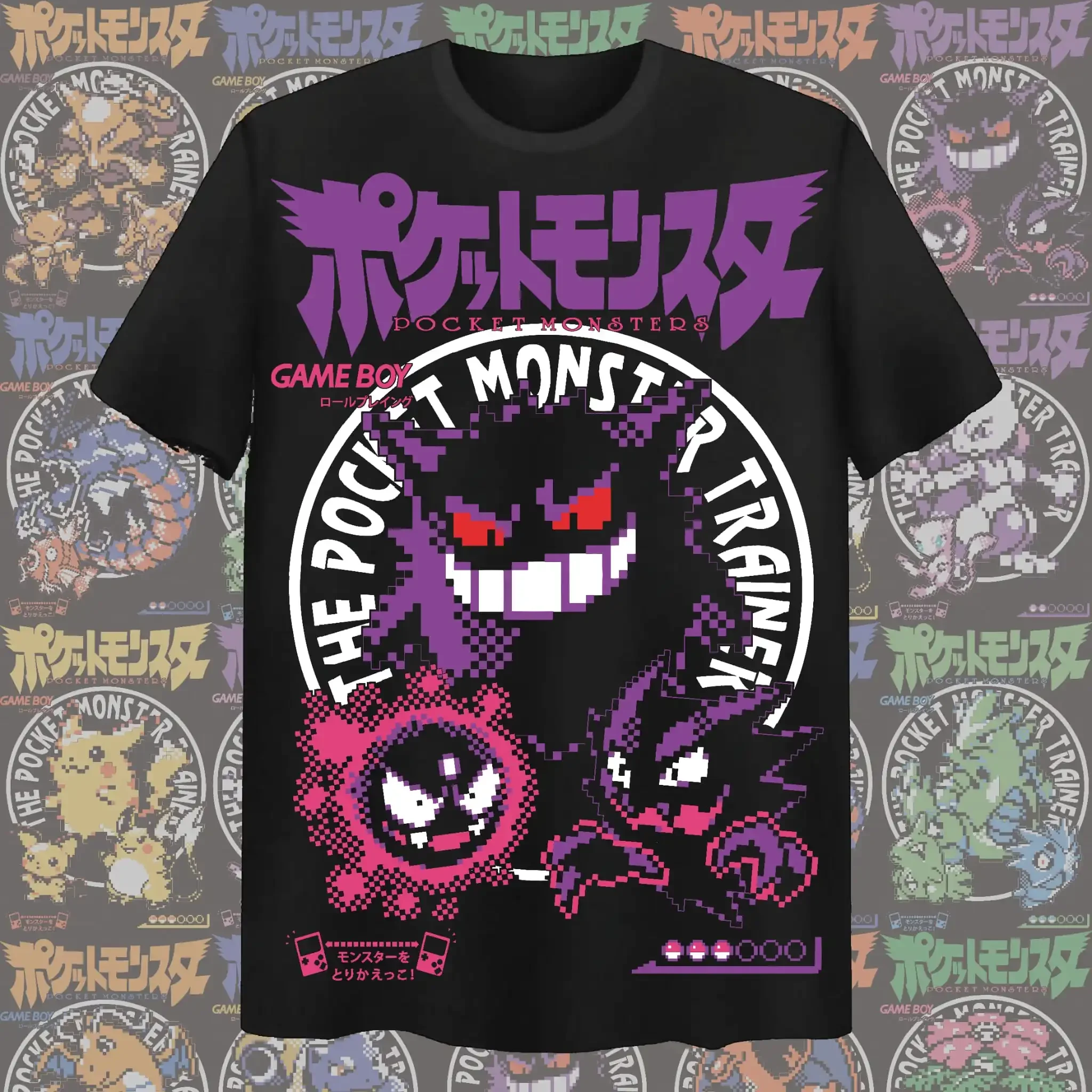 Pokémon Gengar Haunter Gastly Pixel Retro Graphic T Shirt Pocket Monsters Game Boy Anime Print Men and Kids Tee Fans Casual Tops