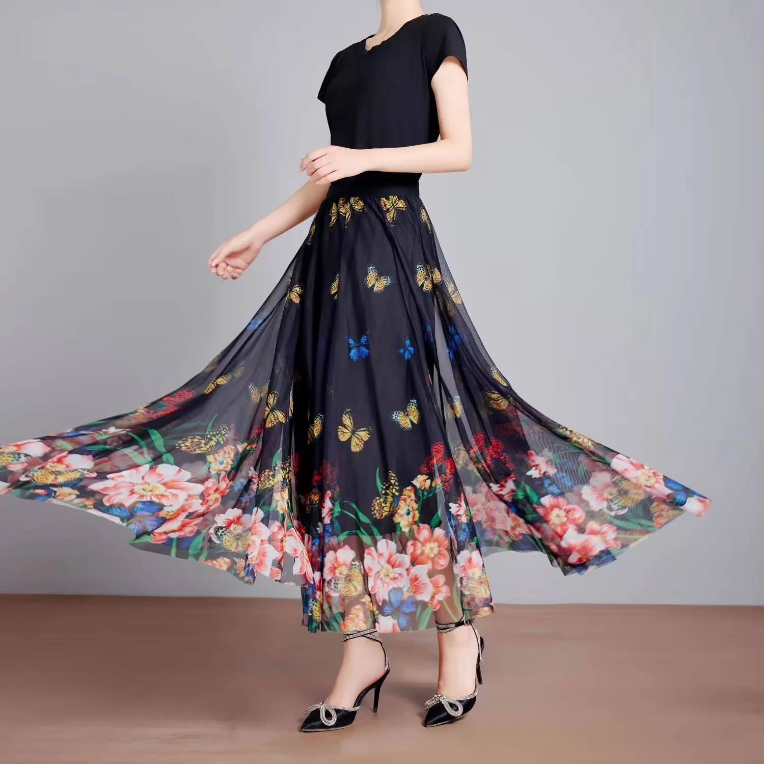 

Summer Chiffon Floral Maxi Skirt Women Long High Waist Holiday Dance Skirt Elegant Beach Boho Hot Sale Lady Vintage Girl Fairy