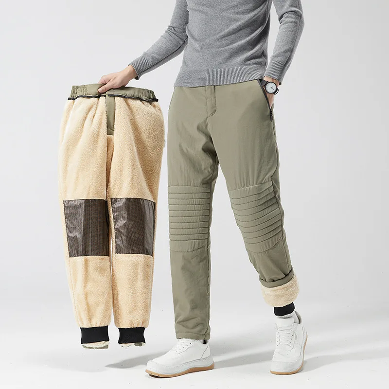 Pantaloni invernali da uomo fodera in pile spesso tessuto grafene ginocchio caldo dritto pantaloni Casual 2023 nuove tasche con Zip pantaloni termici maschili