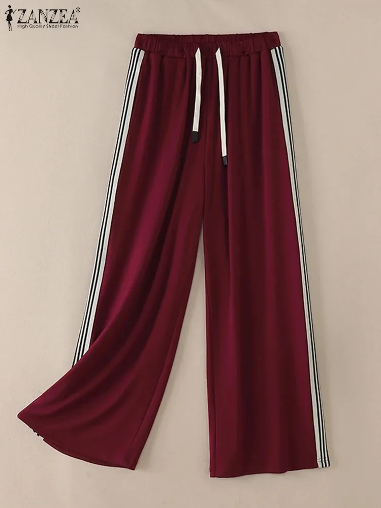 

Women Drawstring Pants ZANZEA Casual Loose Stripes Splicing Wide Leg Knitted Pantalon Elastic Waist Trousers Sport Style Bottoms