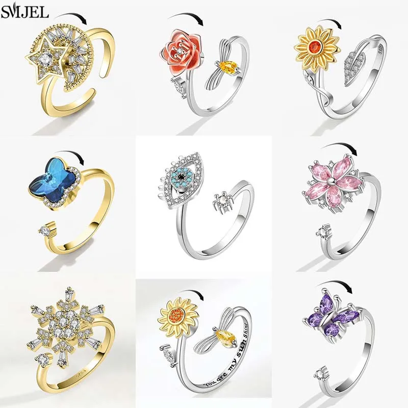 Luxuriöser Anti-Stress-Angstring, Schneeflocke, Sonnenblume, Fidget-Spinner-Ringe, verstellbar, für Frauen, rotierendes, frei drehendes Zubehör