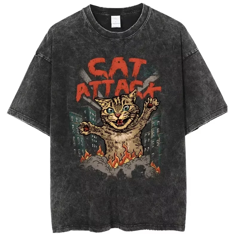 الرجال الملابس الوحش القط مواء الغريبة خمر غسلها قصيرة الأكمام تي شيرت النمط الأمريكي القطن فضفاضة تناسب للجنسين تي شيرت الموضة