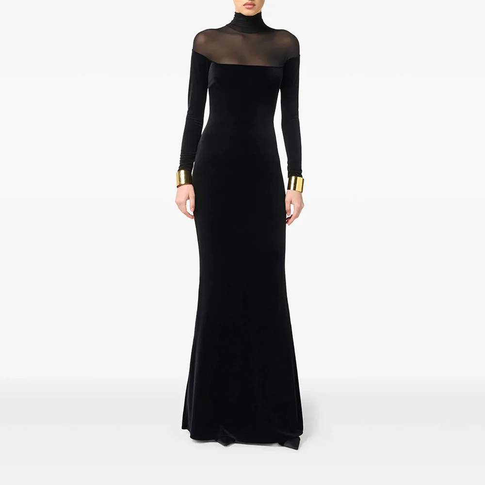 

Customized Black High Collar Long Evening Dresses Elegant Formal Occasion Prom Gowns Simple Velour Floor Length Prom Dresses