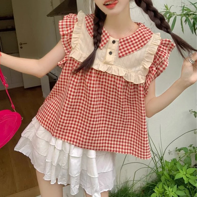 Women Trendy Vintage Plaid Print Patchwork Ruffles Blouses Summer Sweet Kawaii Chic Short Sleeve Shirts Female Casual Loose Tops