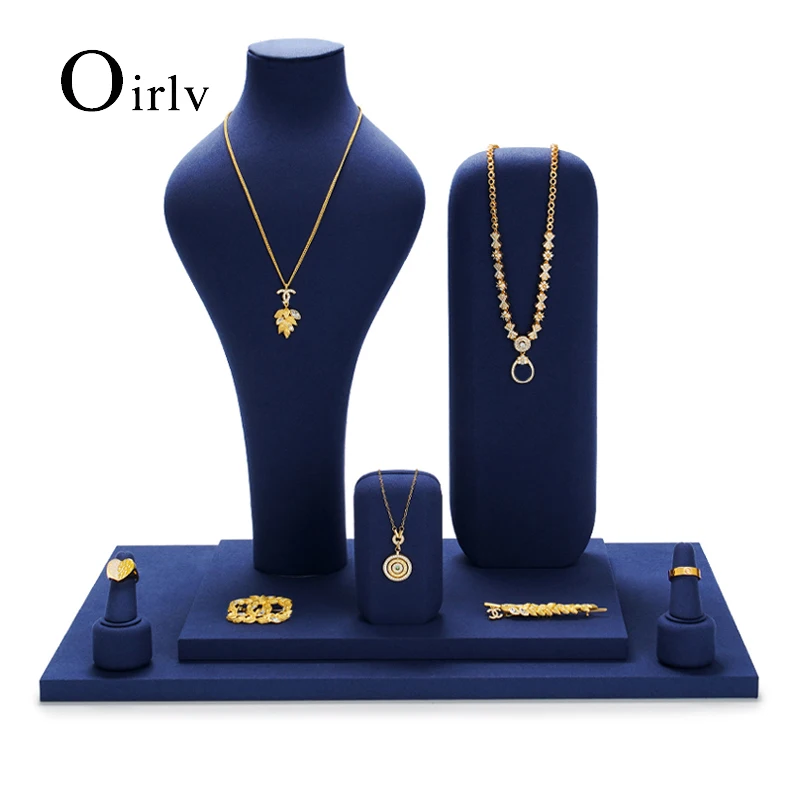 Oirlv Wooden Display Prop Set Microfiber Necklace Bust Resin Ring Earring Pendant Display Tray Luxury Blue