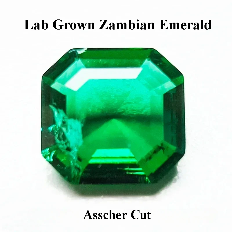 

Lab Grown Zambian Emerald Asscher Cutting Hand Cut Hydrothermal with Cracks Inclusions Inside Selectable AGL Certificate