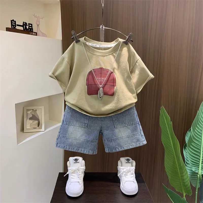 Boys' Summer Fashion 2-Piece Set Thin Short-Sleeved T-Shirt And Denim Shorts Combo for Kids 90-150cm