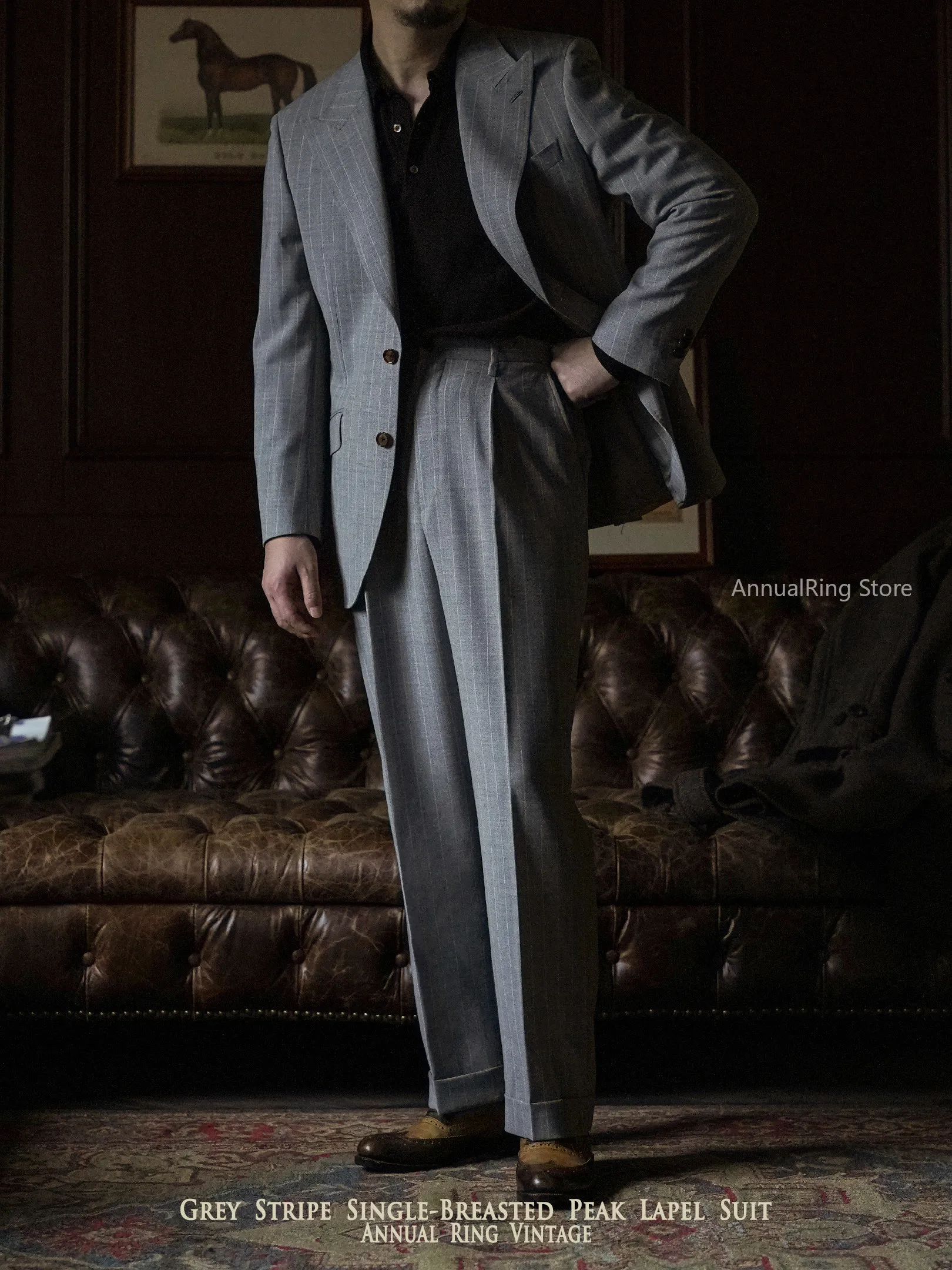 

Annualring American Vintage Half‑Canvas Suit Hand‑Made Milan Eye Pure Wool Striped Peak Lapel 2‑Piece Set