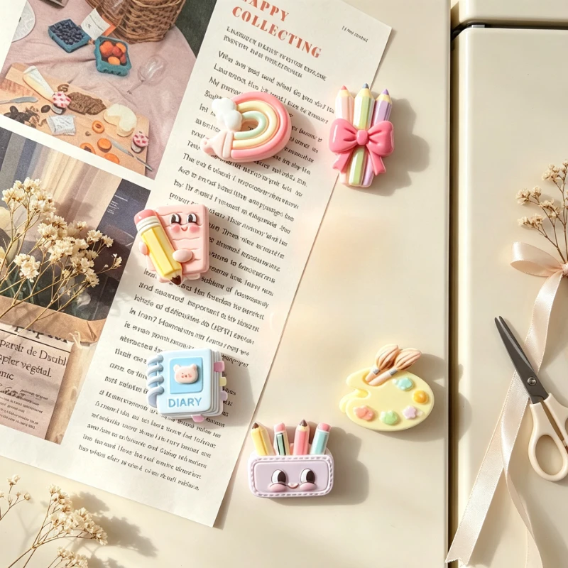 6pcs Kawaii Art‑supply Resin Refrigerator Magnet Rainbow Pencil Notebook Decorative Fridge Sticker Household Ornament