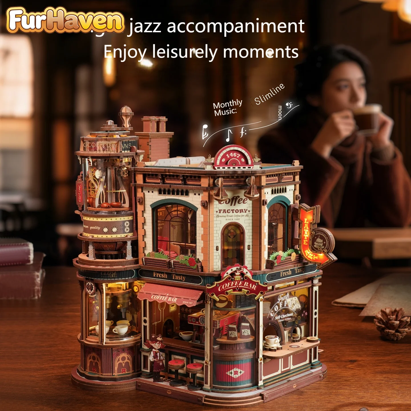 FurHaven Coffee Factory Gift DIY Blocks Adult Edition Wooden Assembled Three-dimensional Music Box Unique Birthday Gift