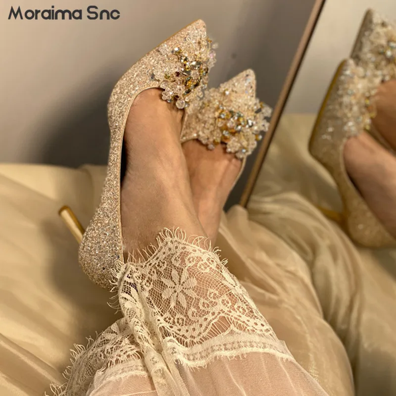 

Rhinestone Crystal Sequined High Heels Pointed Toe Stiletto Shallow Mouth Gold Wedding Shoes Fashionable Women's Shoes