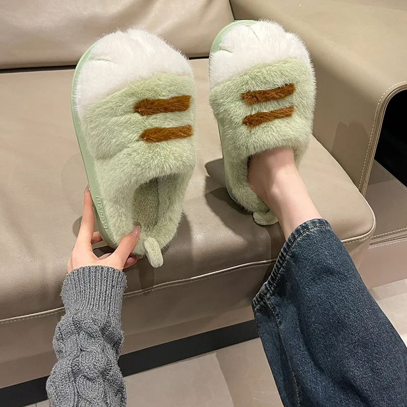

Green Women's Comfortable Home Shoes Non Slip Furry Mules Female Fashion Warm Fluffy Slides Outdoor Cat Slippers
