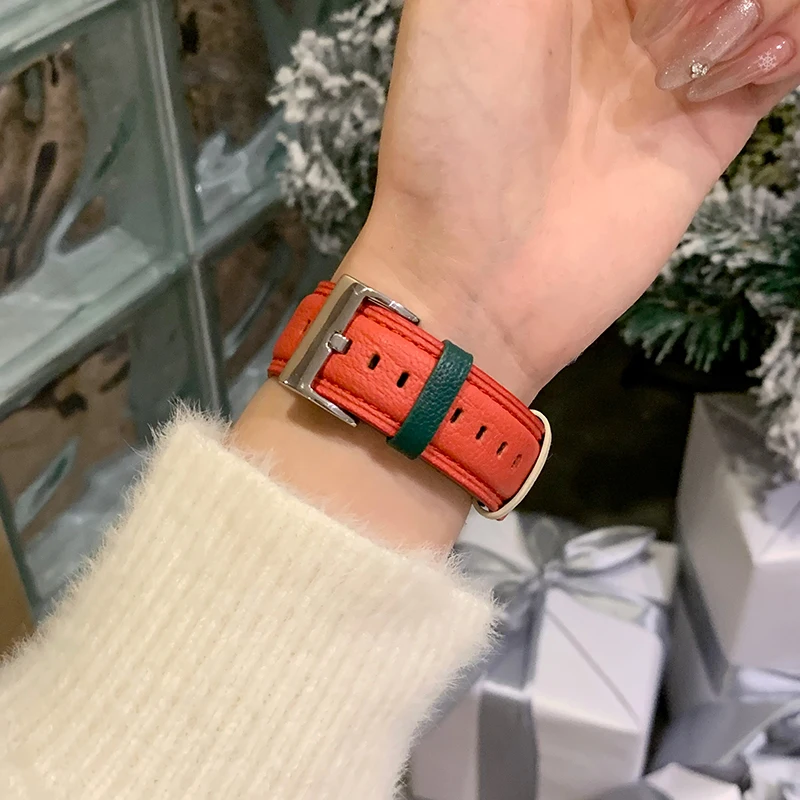 Contrast Leather Strap for Apple Watch Serie 7 Correa 45mm 49mm 38 42 Women Slim Bracelet for IWatch Band 9 8 SE 6 5 4 40mm 44mm