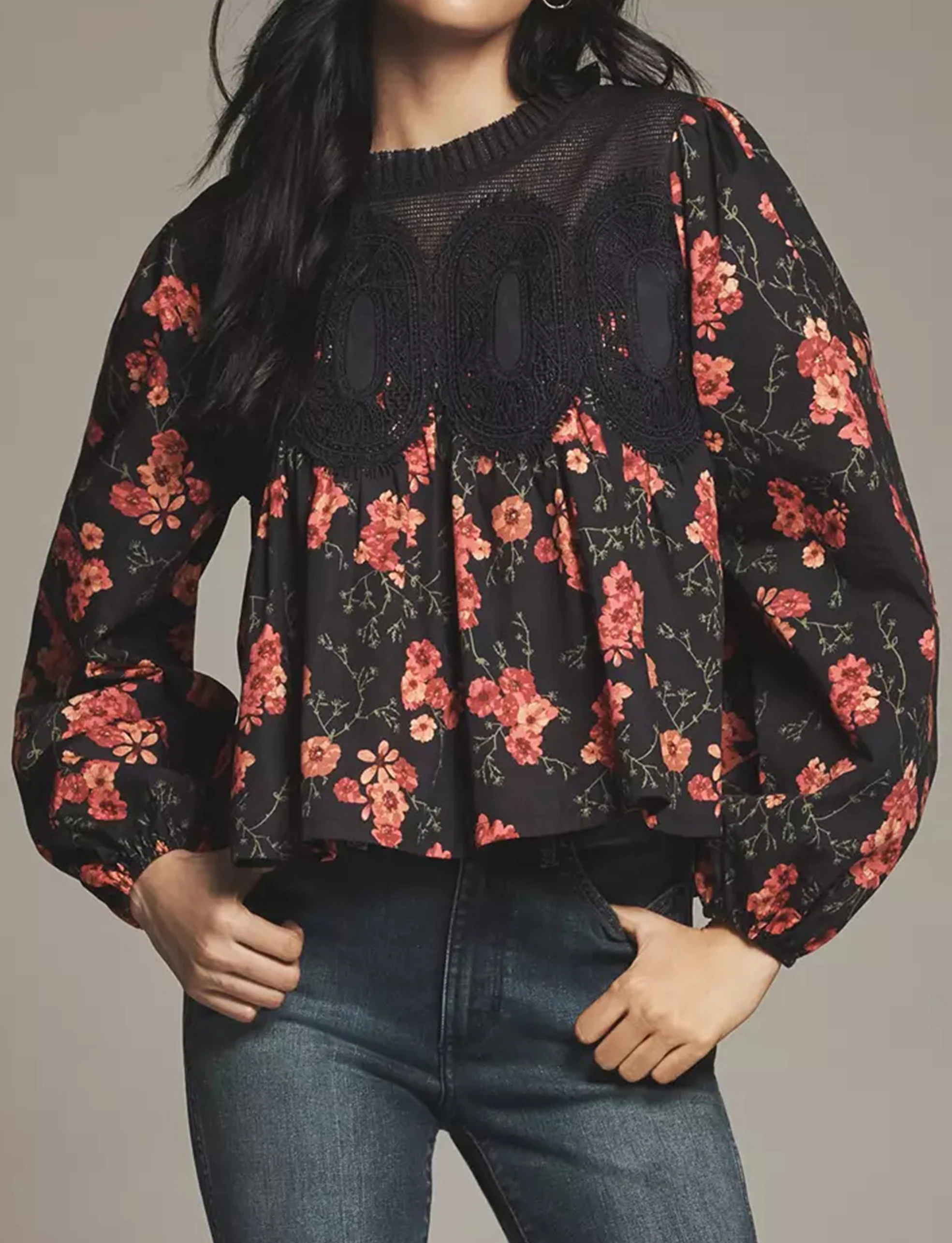 Women's Lace Detail Long Puff Sleeve Blouse Trim Elegant Flared Crew Neck Loose Fit Ruffle Flowy Swing Babydoll Tops Shirts
