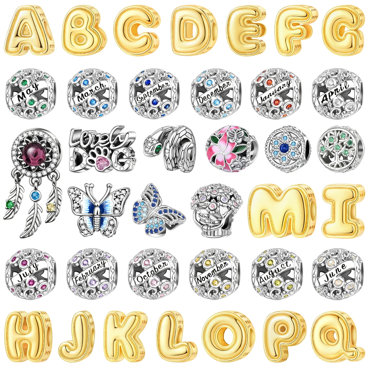 Original 925 Sterling Silver December 26 A-Z Letter Butterfly Snake Flower Bag Bead Fit Women DIY Bracelet Necklace Jewelry Gift