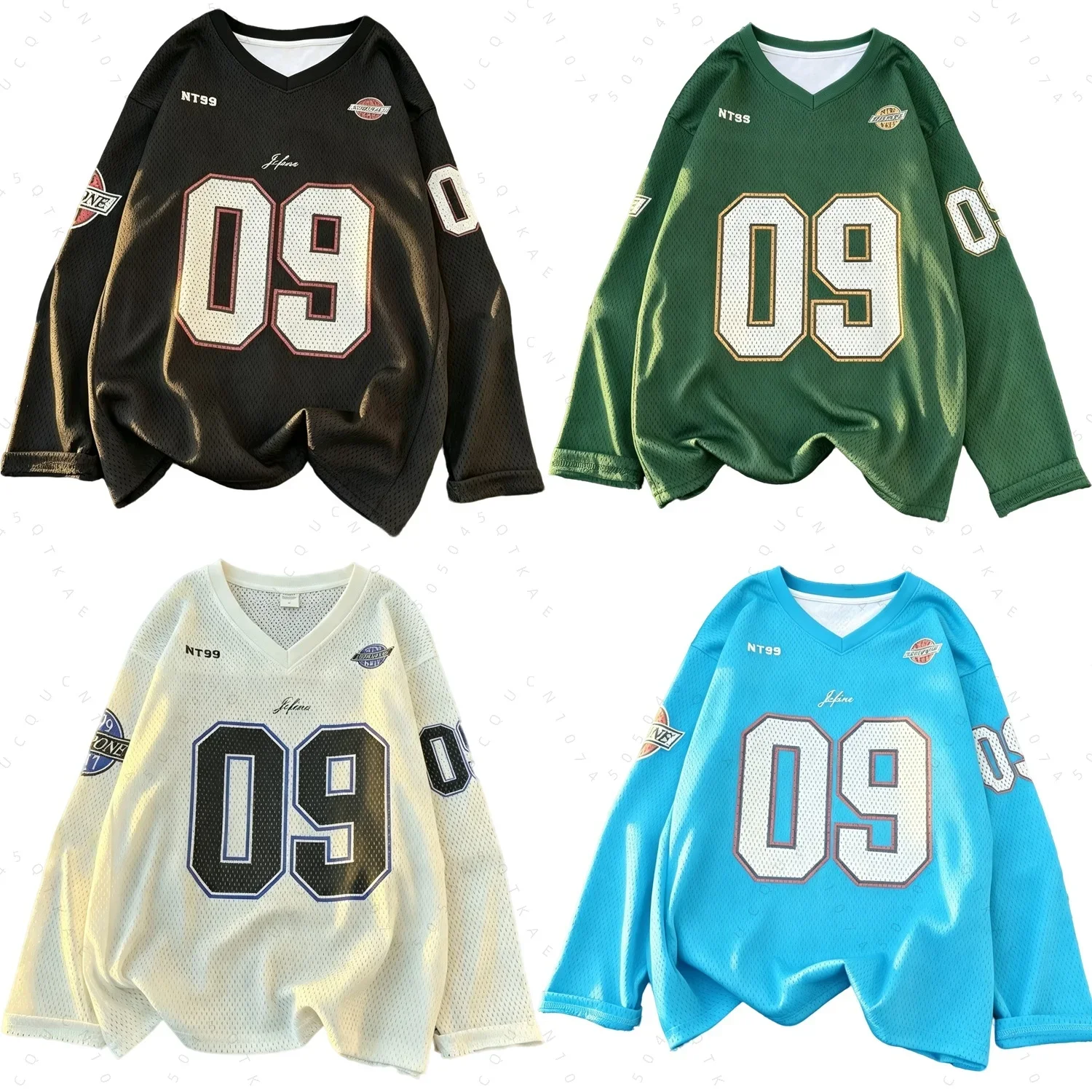 2026 Y2K American Retro Streetwear Letter Print V-Neck Mesh Long Sleeve Sports T-Shirt Unisex Loose Casual Parent-Child Top