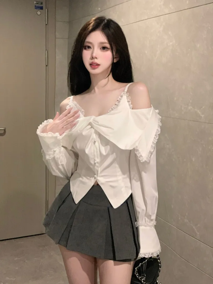 

Women Shirt Korean Preppy Style Off Shoulder Waist Long Sleeve Short Blouses Sweet Slim Spliced Lace Design Y2k Tops