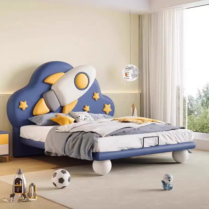 

！@Cartoon Rocket Upholstered Bed for Kids High End Modern Leather Children's Bed Cloud Shape Astronaut Bed