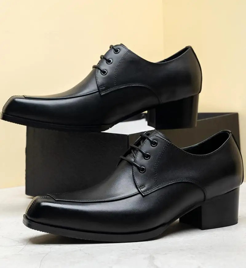 New Square Toe Genuine Leather Dress Men Shoes High Heels Wedding Shoes Mens Height Increase Career Work Derby Shoes Size 37-44