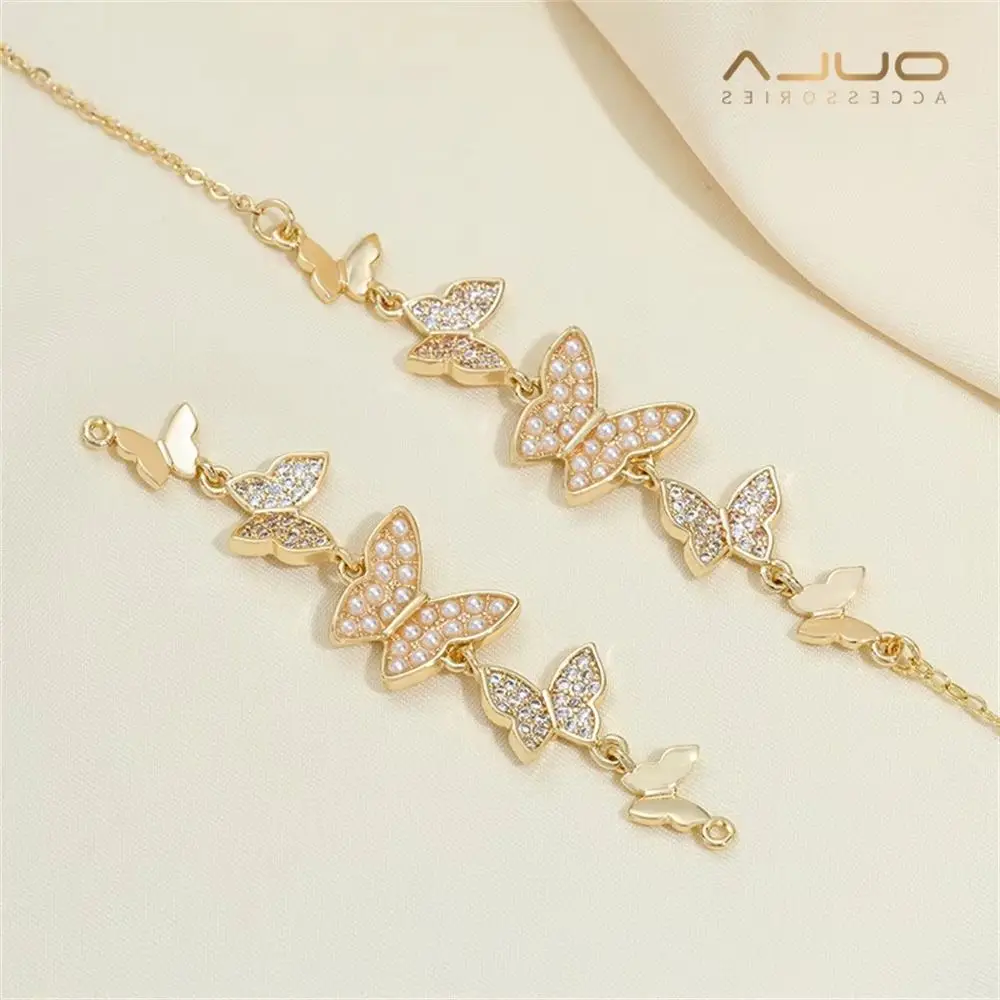 

1pcs 14K Gold-plated Pearl Butterfly Double Hanging Connection Diy Handmade Bracelet Chain Extended Chain Handcrafted Accessory