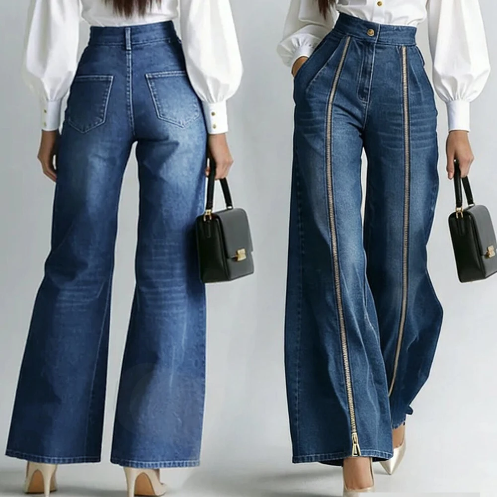 Women's Fashion Zipper Decor Slant Pocket Wide Leg Jeans Casual Pockets High Waist Elegant Loose Denim Trousers