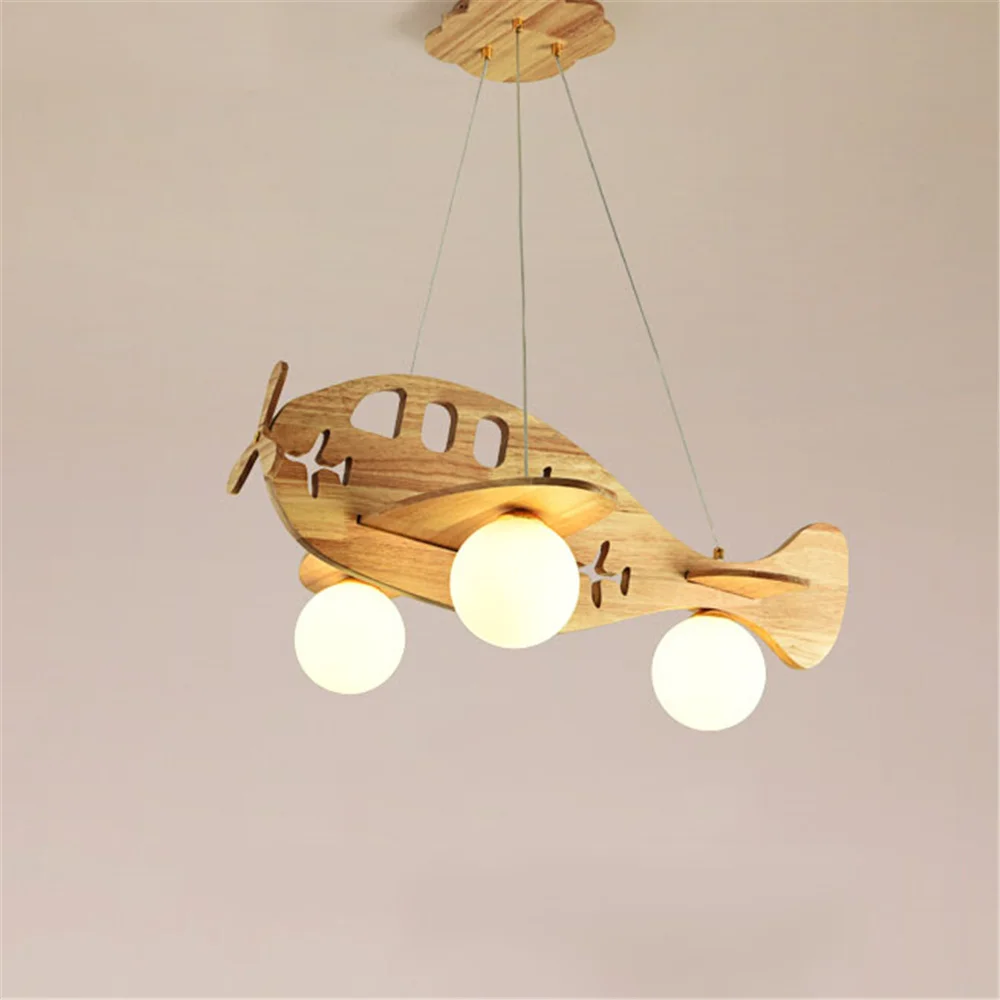 Nordic Creative Wooden Airplane Glass Ball Led Chandeliers Lighting For Kids Nursery Bedroom Remote Hanging Luminaire Fixtures