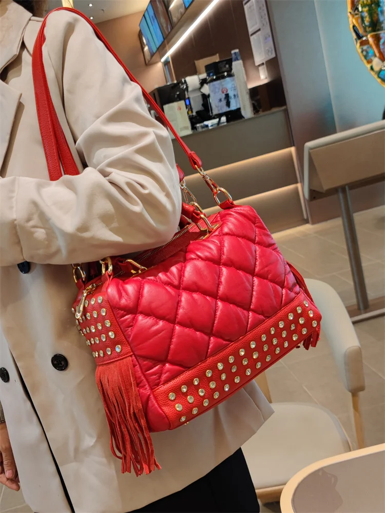 Soft Red Leather Women's Handbags Female Luxury Fashion Tassels Diamonds Rivet Bag Single Shoulder Crossbody Bags 2024 New