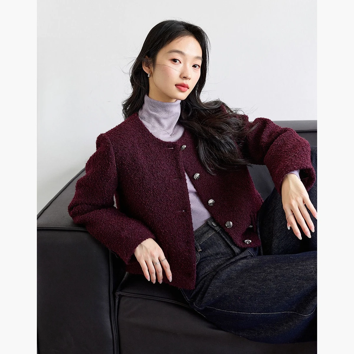 VIMLY سترة الشتاء للنساء 2025 خمر بورجوندي س الرقبة تويد سترات قصيرة أنيقة الصوف مزيج مبطن معاطف السيدات M9320 #1