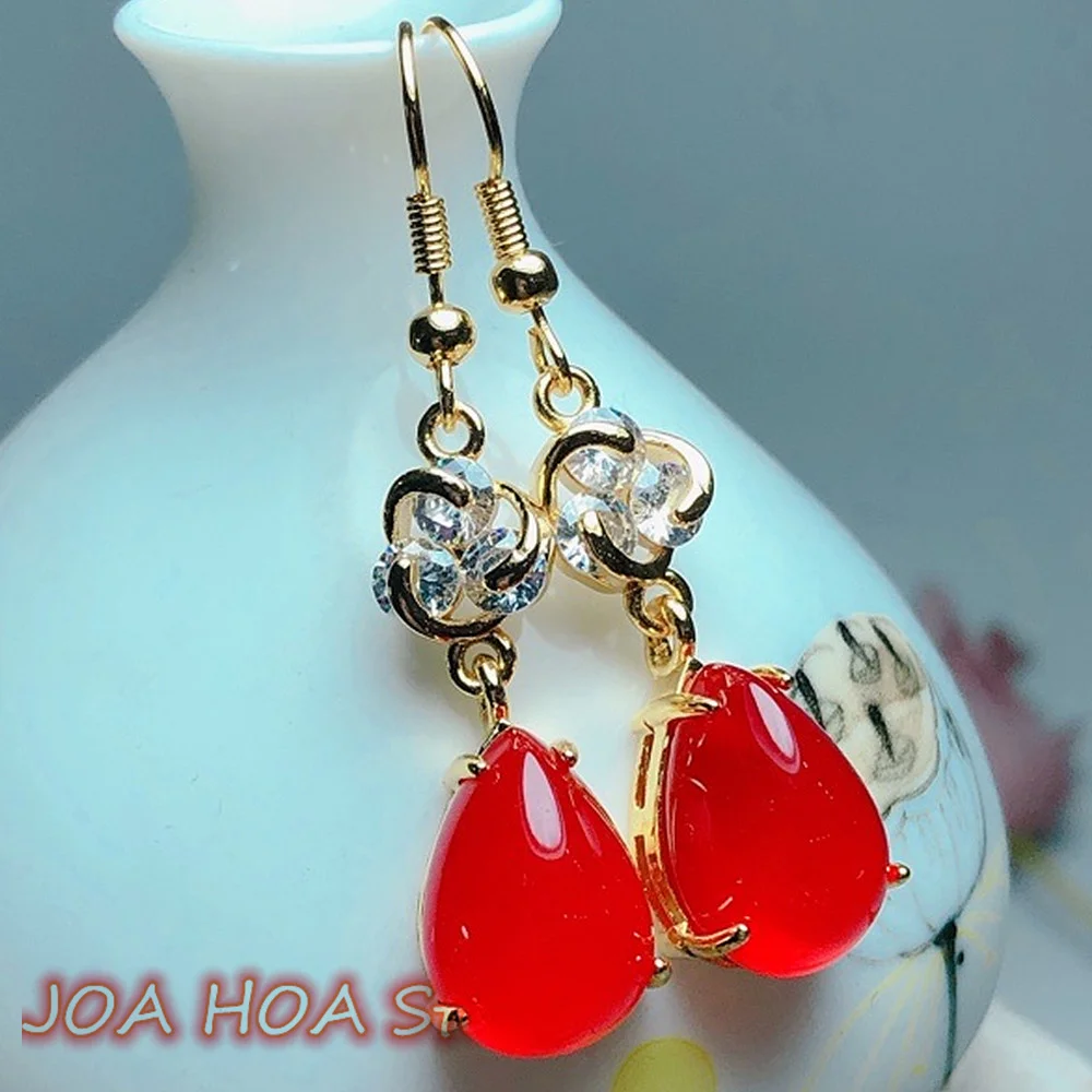 Elegance Noble Lady Jewelry Inlaid Natural Chalcedony Agate Earring Red White Pink Jade Women Ear Chain