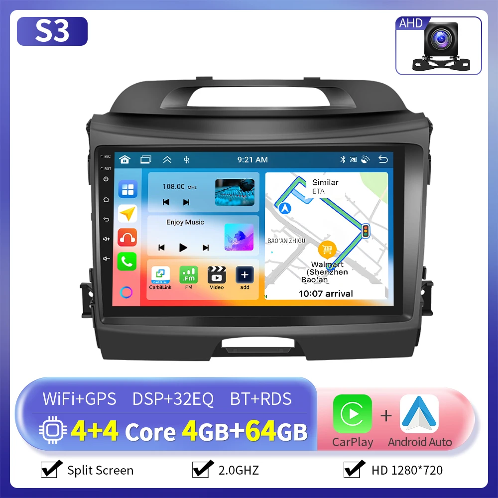 Camecho Draadloze Carplay Android Auto Radio voor Kia Sportage 2010-2016 Auto Multimedia Speler 6 + 128G 4G WIFI RDS Auto GPS Stereo