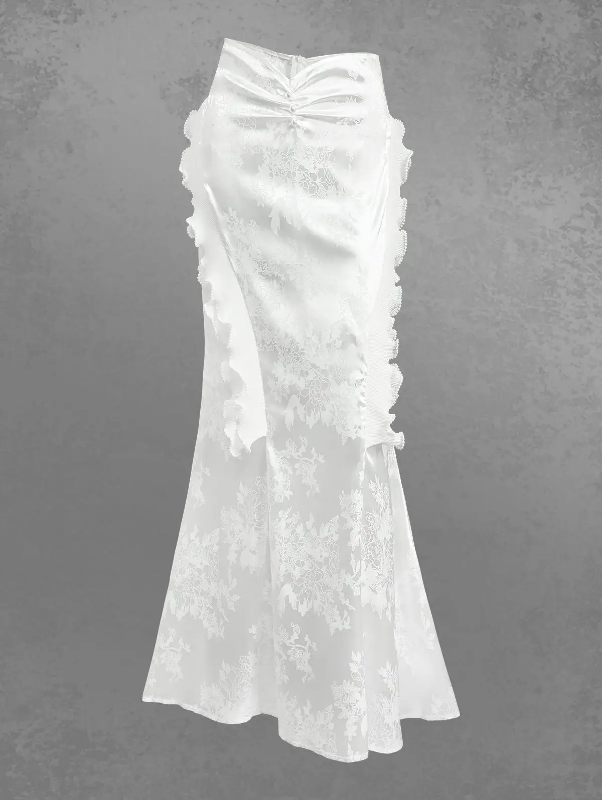 

Готические белые юбки с цветочным принтом и жаккардовыми оборками. Юбка-русалка с жемчужными деталями. Элегантная вечерняя одежда.