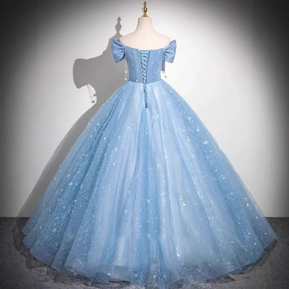 Elegant Women's Sparkling Bow Evening Dress Bule Sexy Off-Shoulder Party Birthday Dress Customized Prom Special Occasion Dresses