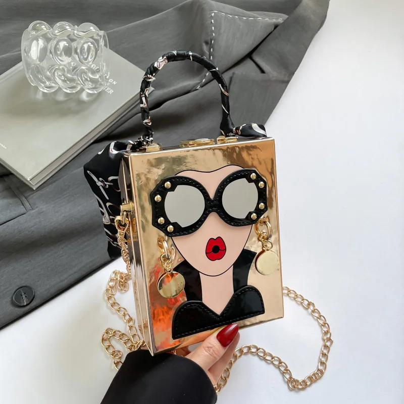 

Cartoon Girl Bags for Women 2025 New Head Print Shoulder Bag Cute Handbag Box Purse Chain Strap Hot Chic Stylish Crossbody Bag