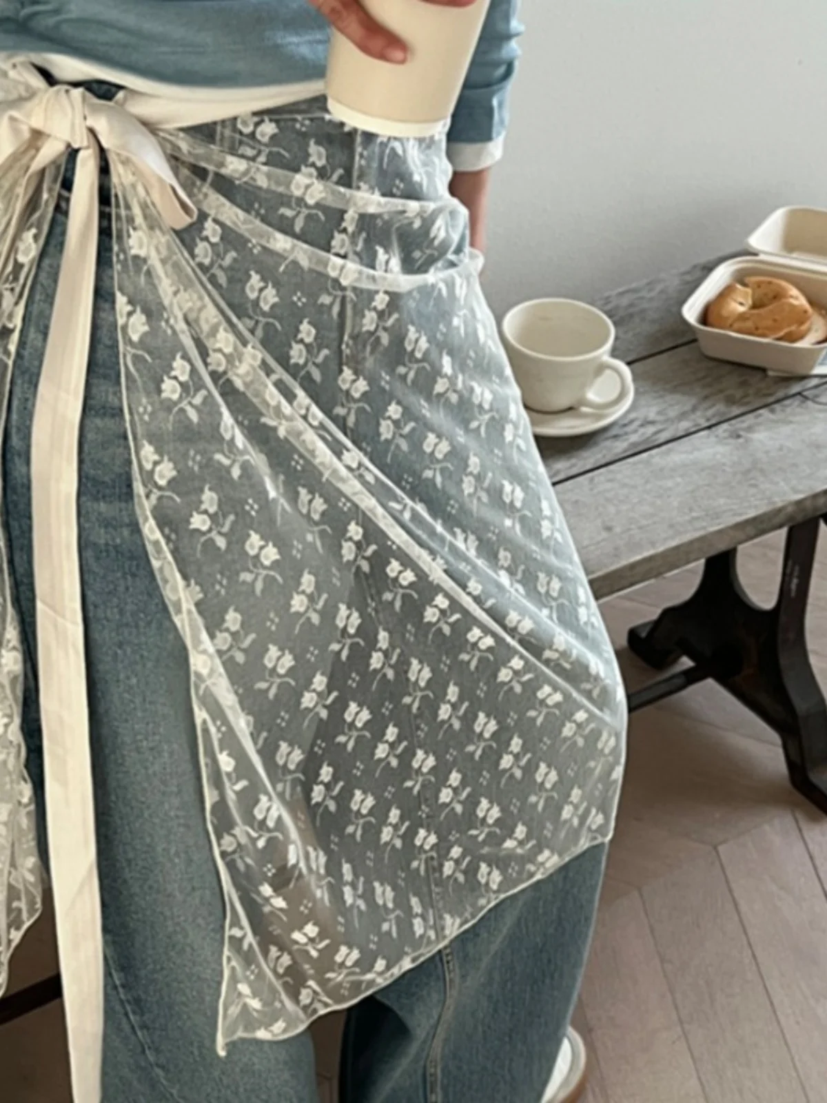 

Chic Spring Anti-Aging Personali Design Lace Trim See-tough f-skirt Women's High-waist A-line Midi Skirt