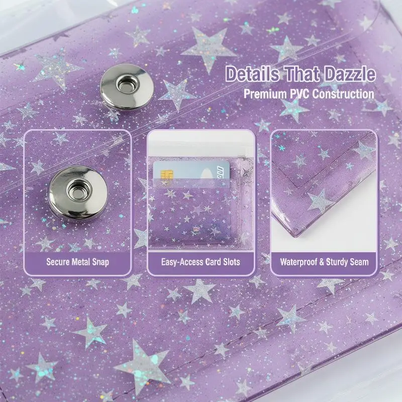 Transparenter PVC-Kartenhalter mit Glitzersternen, 1 Stück, Mini-Münzbörse mit Perlenkette und Schlüsselring, für Ausweise, tägliche Aufbewahrung, Geschenk für Frauen und Mädchen