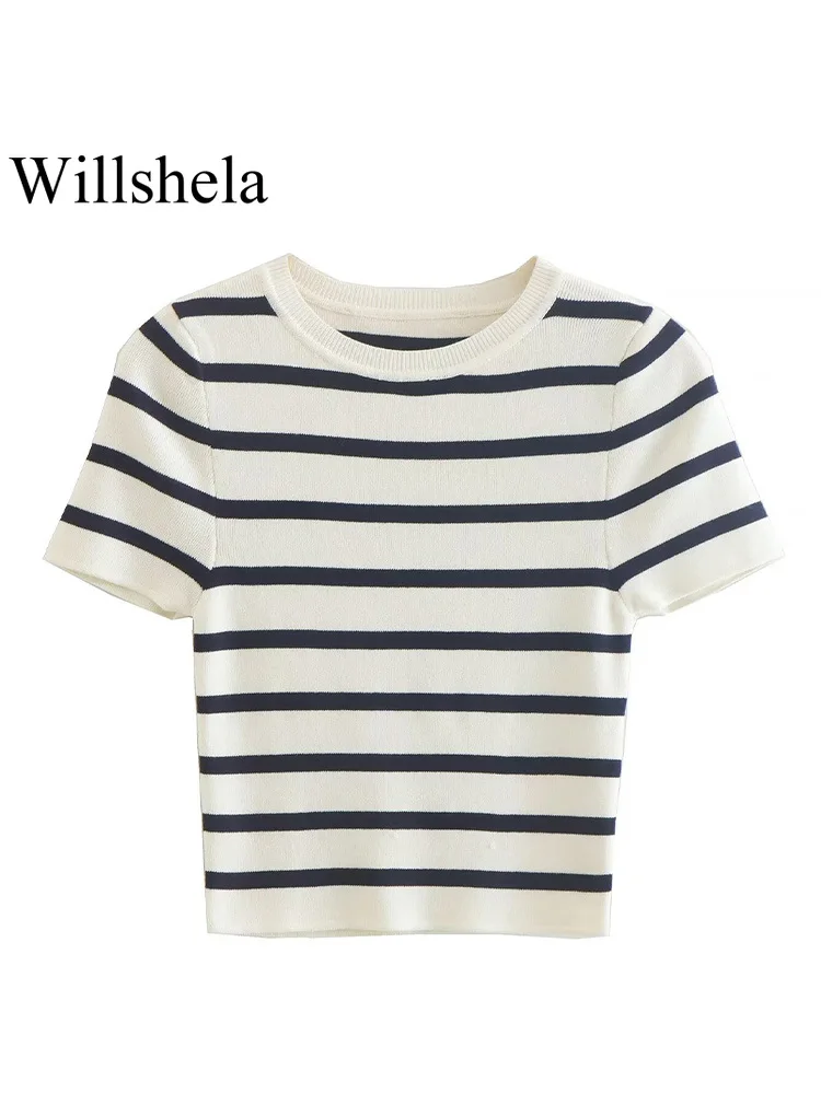 Willshela Women Fashion Striped Knitted Cropped T-Shirt Vintage O-Neck Short Sleeves Female Chic Lady Sweater Shirts