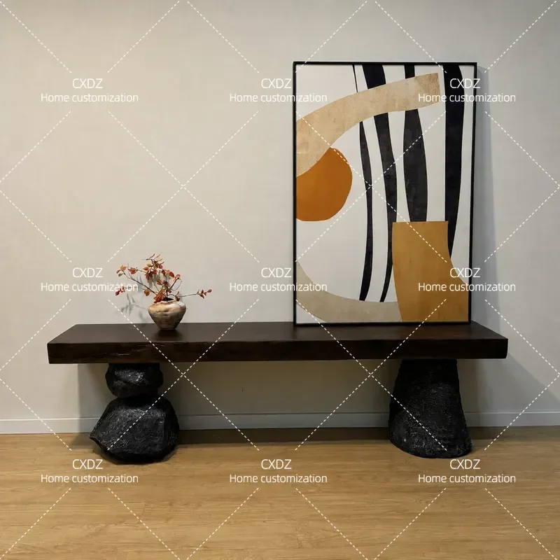 Wabi Sabi Style Solid Wood Entryway Table Imitation Stone Landscape Console Desk End View Display Stand for Hotel Home Decor