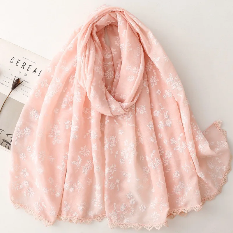 

Plain Embroider Floral Viscose Scarf Lace Chain Lady High Quality Shawls and Wraps Pashmina Stole Foulards Muslim Hijab 180*90Cm