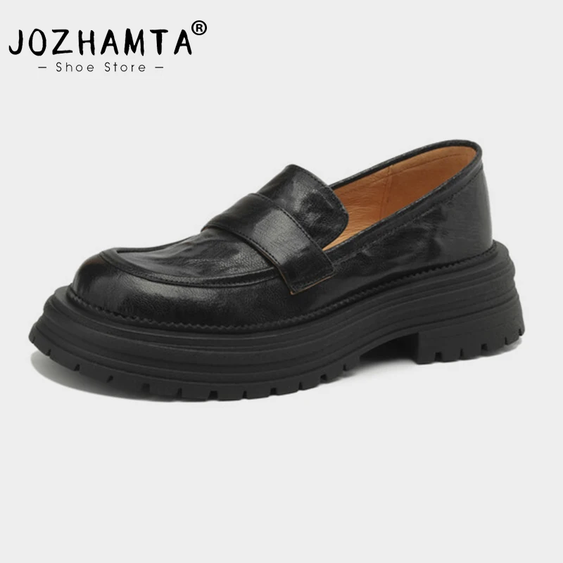 

JOZHAMTA Size 34-40 Women Casual Loafers Real Leather Platform Thick Mid Heels Shoes Vintage 2024 Spring Work Office Dress Shoes