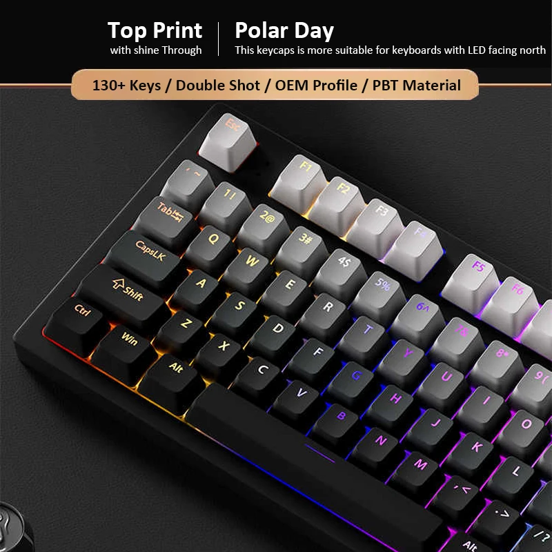 130 Keys Gradient Gray Double Shot RGB Backlit PBT Keycaps OEM Profile Shine Through Keycaps for Cherry MX Switches Keyboards