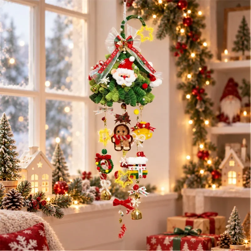 54cm Christmas Tree Hanging Pendant Jingle Bell Wind Chime Handmade Chenille Stem Ornament DIY Craft Kit Party Home Decor Gift